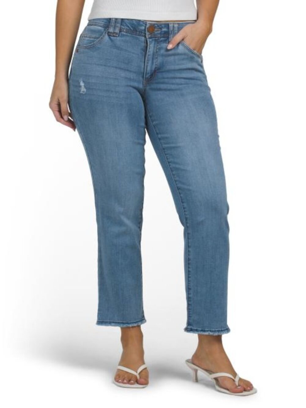 DEMOCRACY Abtech High Rise Slim Straight Clean Finish Fray Destruction Jeans